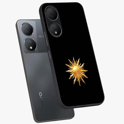 Golden Sun Minimalism Glass Case displayed in angled mockup highlighting eerie shadow illustration with gothic aesthetic.