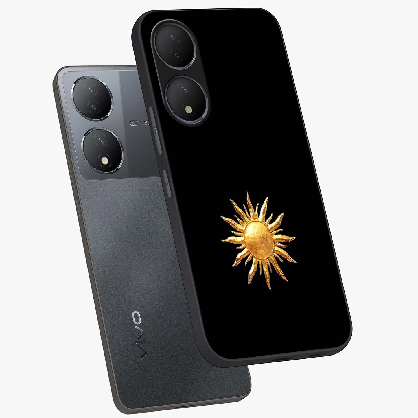 Golden Sun Minimalism Glass Case displayed in angled mockup highlighting eerie shadow illustration with gothic aesthetic.