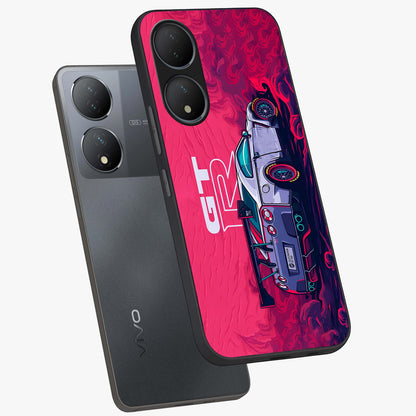 GT-R Car Pattern Glass Case displayed in angled mockup highlighting racing car graphic design with bold automotive aesthetic.