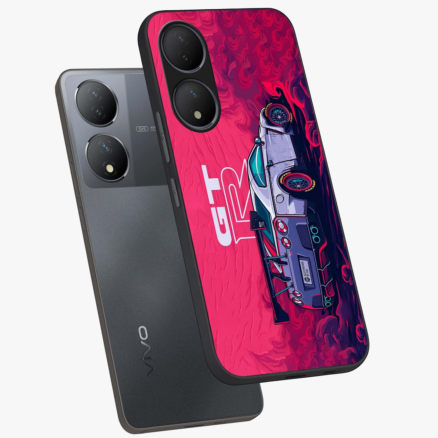 GT-R Car Pattern Glass Case displayed in angled mockup highlighting racing car graphic design with bold automotive aesthetic.