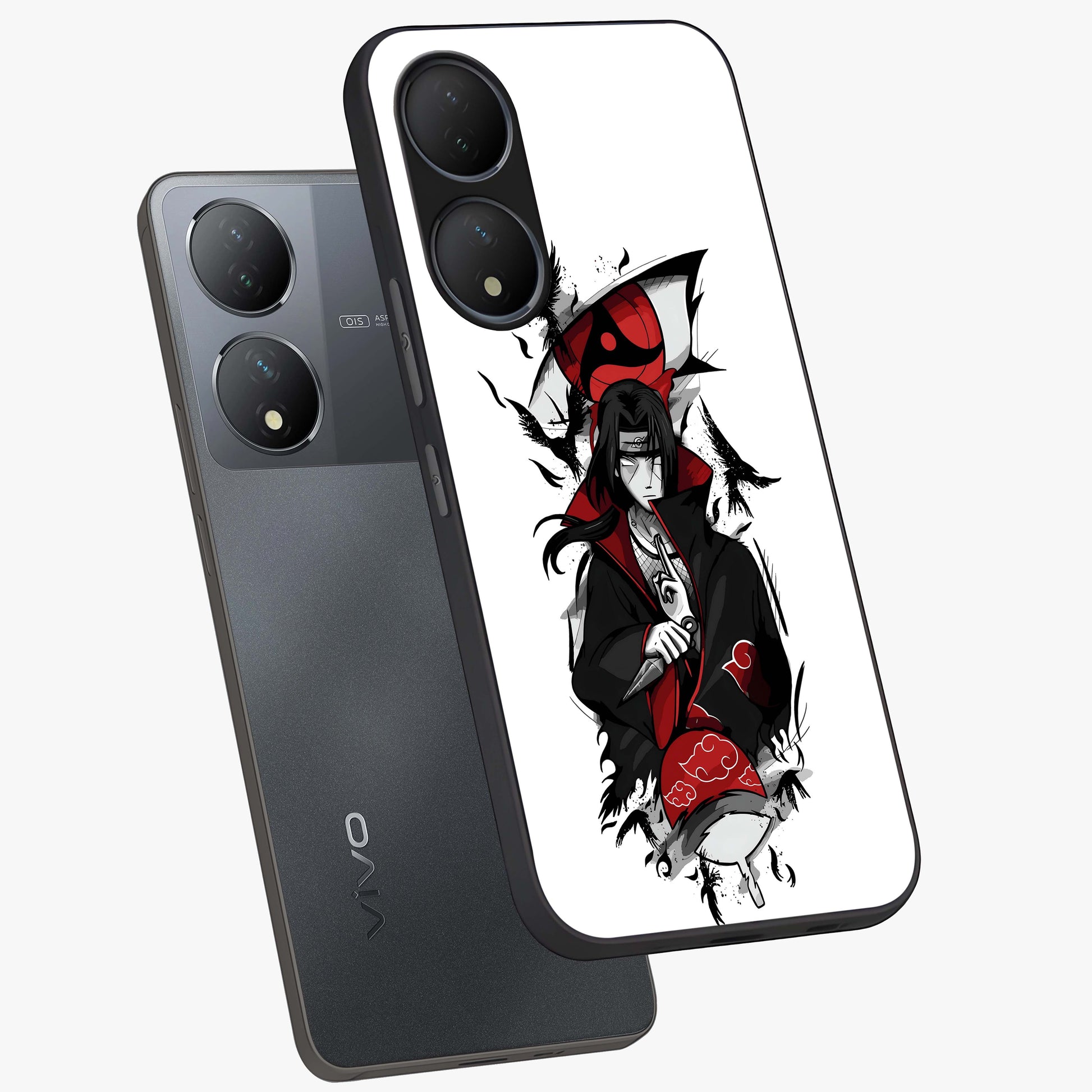 Itachi Limited Edition Naruto Anime Glass Case displayed in angled mockup highlighting dramatic anime illustration with bold action aesthetic.