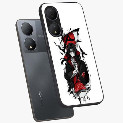 Itachi Limited Edition Naruto Anime Glass Case displayed in angled mockup highlighting dramatic anime illustration with bold action aesthetic.