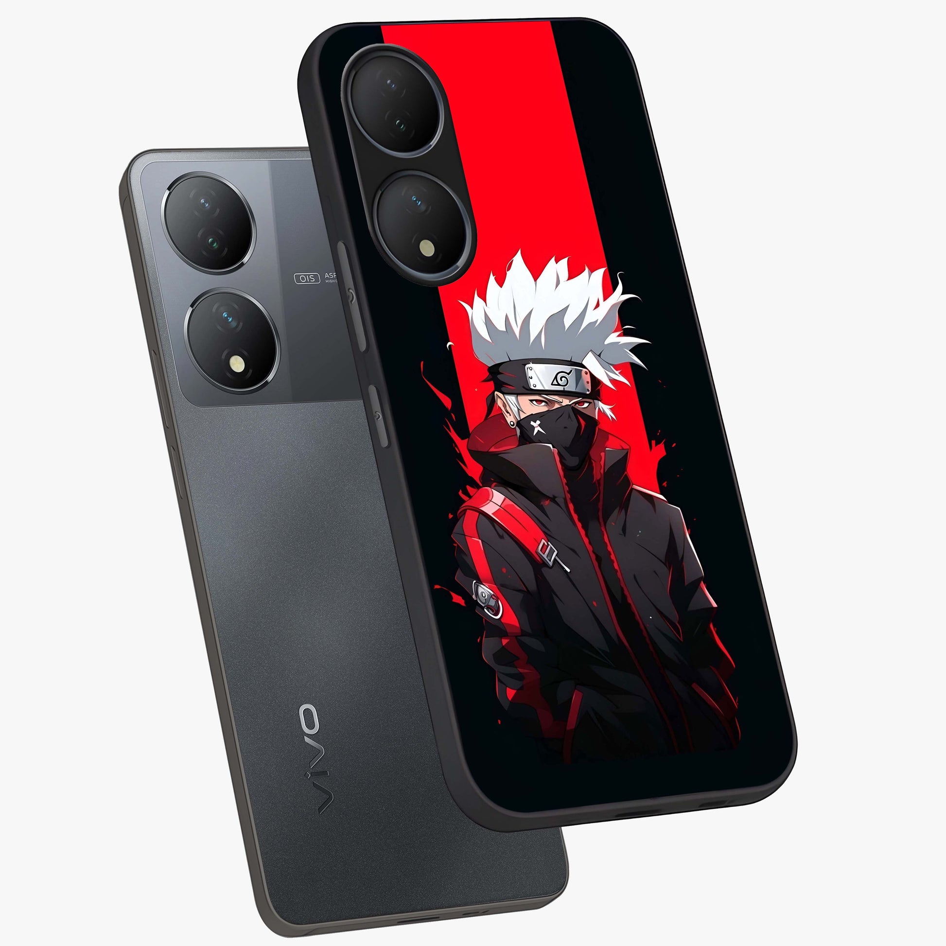 Kakashi Scarlet Shadow Glass Case displayed in angled mockup highlighting dramatic ninja illustration with scarlet themed aesthetic.