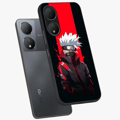 Kakashi Scarlet Shadow Glass Case displayed in angled mockup highlighting dramatic ninja illustration with scarlet themed aesthetic.