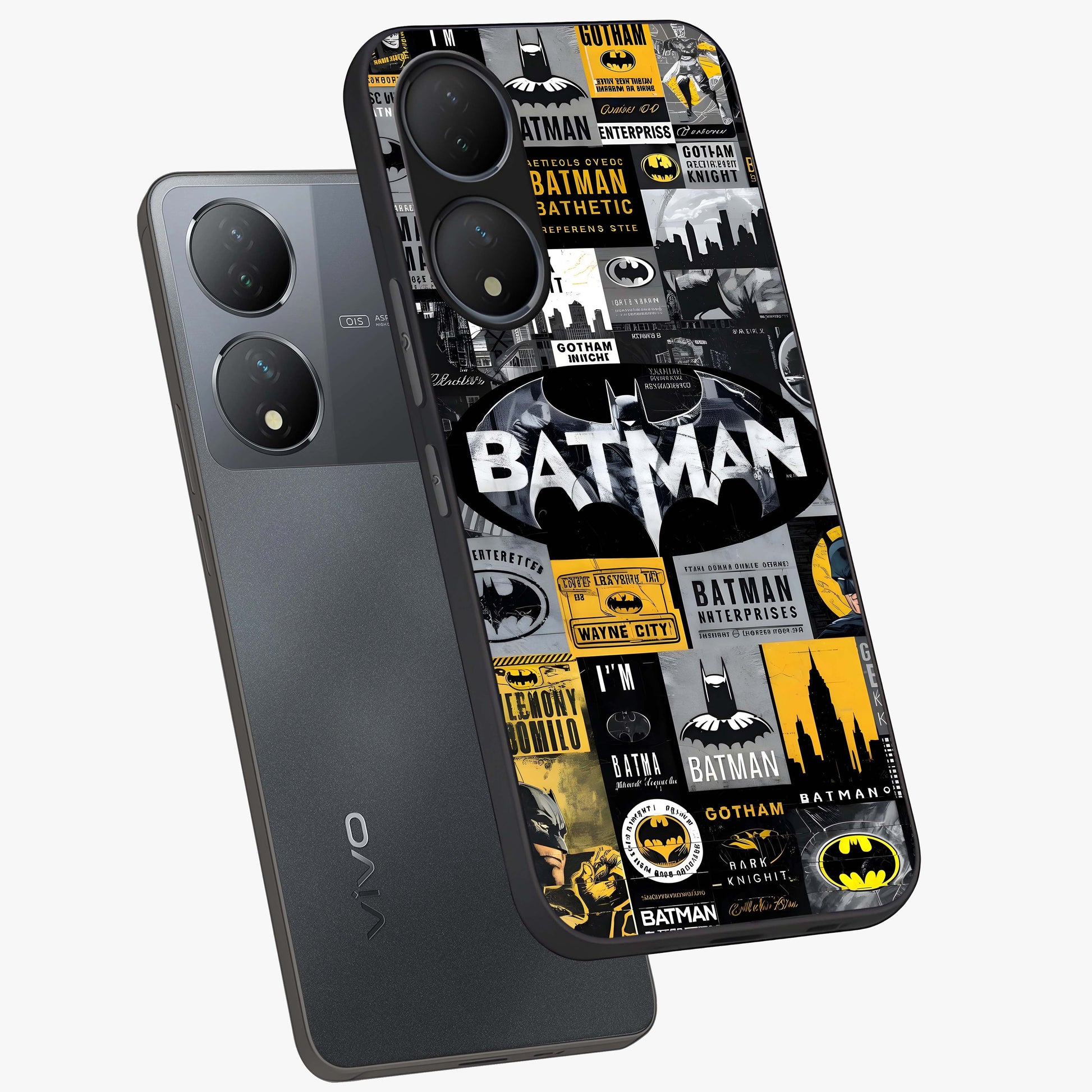 Knight Gotham Rise Glass Case displayed in angled mockup highlighting powerful knight silhouette design with dramatic aesthetic.