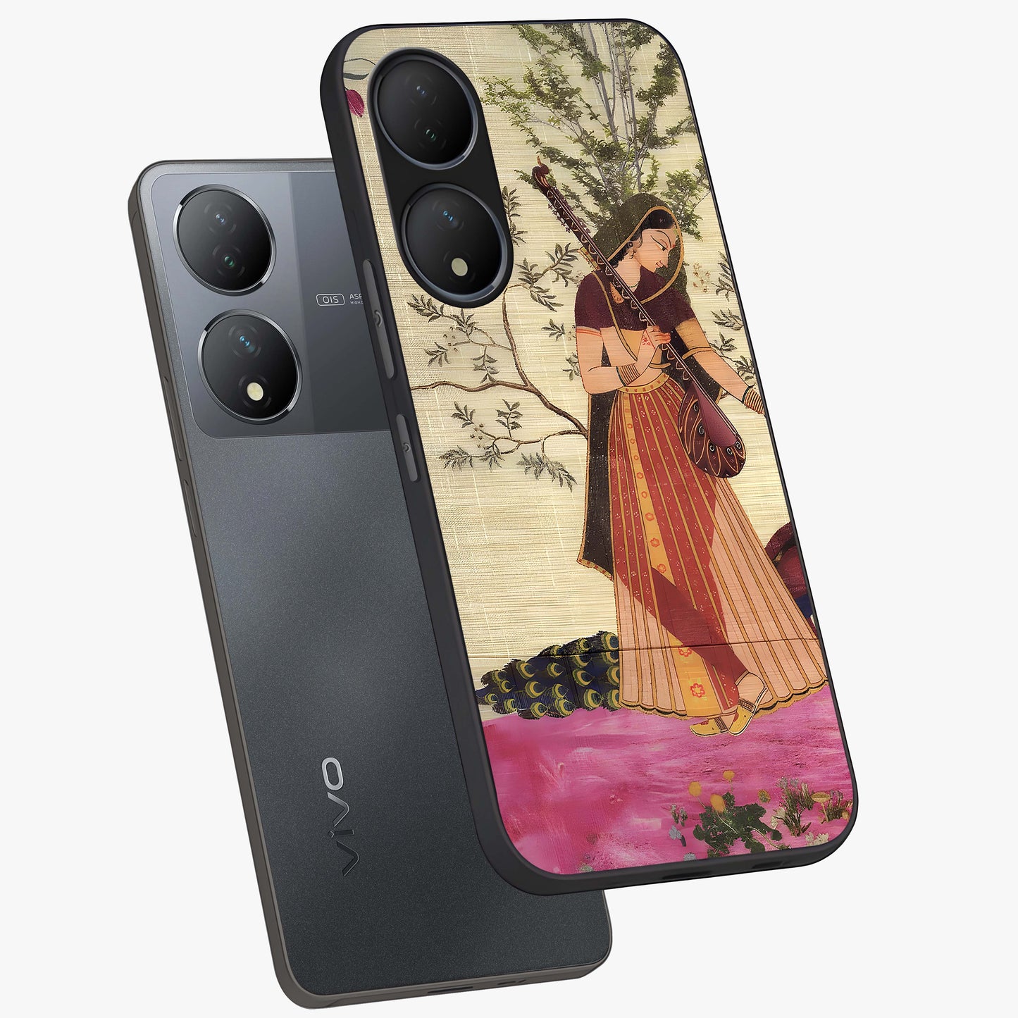 Lady With Veena Art Glass Case displayed in angled mockup highlighting graceful musical illustration with cultural artistic aesthetic.