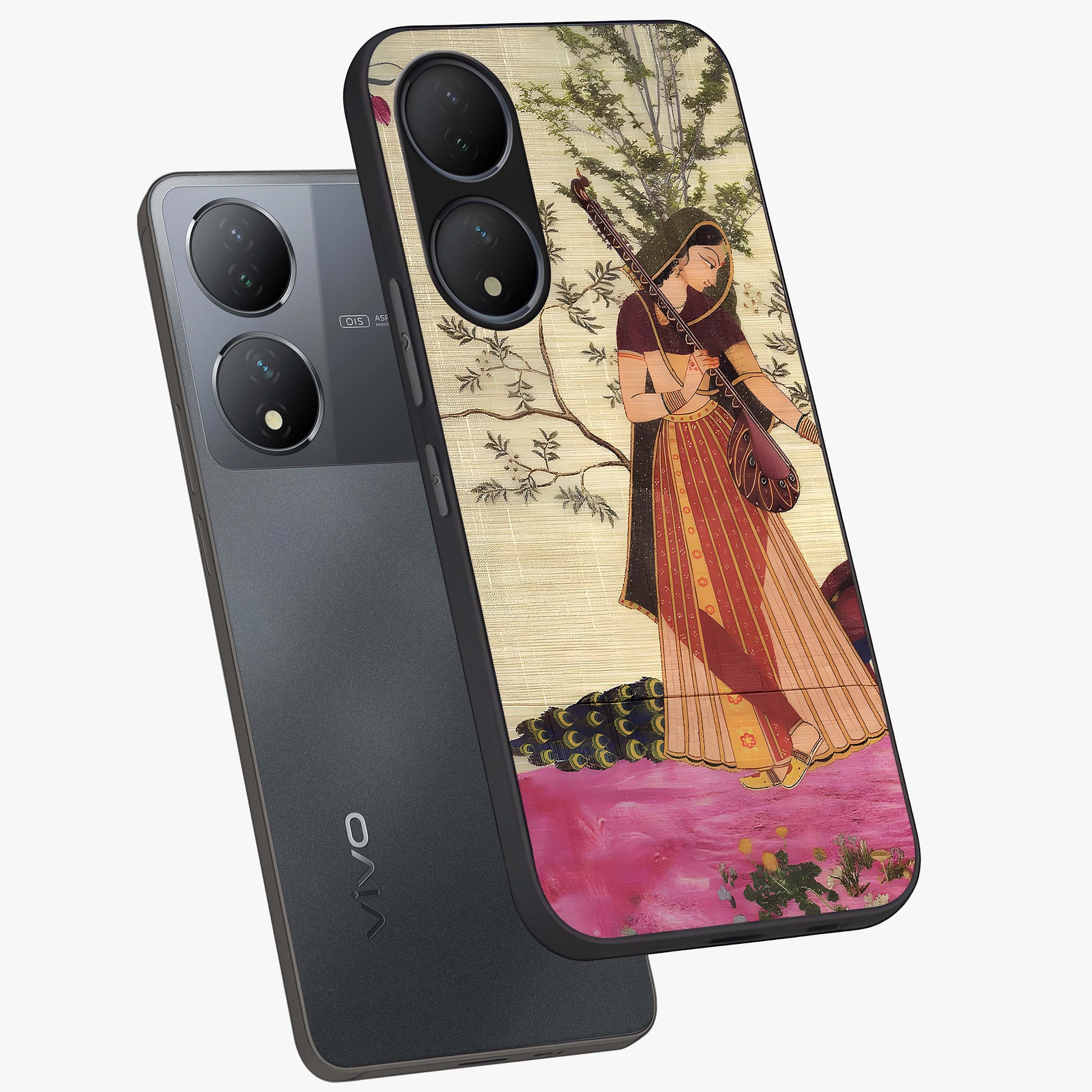 Lady With Veena Art Glass Case displayed in angled mockup highlighting graceful musical illustration with cultural artistic aesthetic.