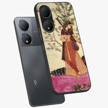 Lady With Veena Art Glass Case displayed in angled mockup highlighting graceful musical illustration with cultural artistic aesthetic.