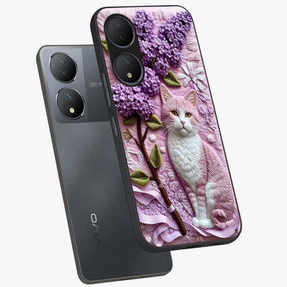 Lavender Cat Whimsy Glass Case displayed in angled mockup highlighting playful feline illustration with pastel lavender aesthetic.