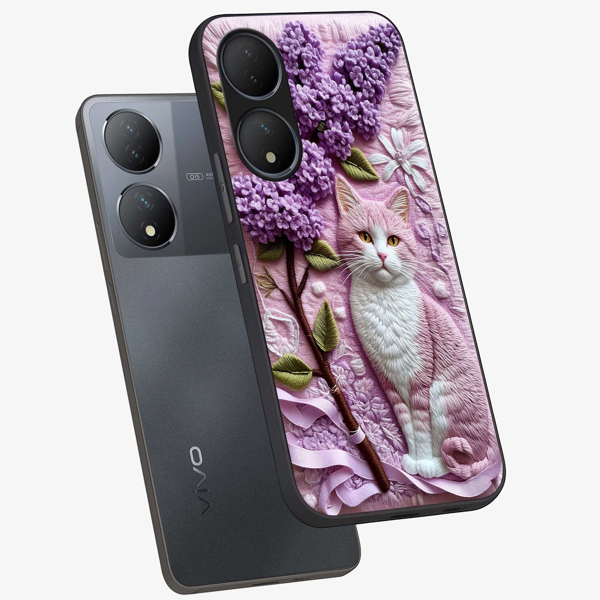 Lavender Cat Whimsy Glass Case displayed in angled mockup highlighting playful feline illustration with pastel lavender aesthetic.