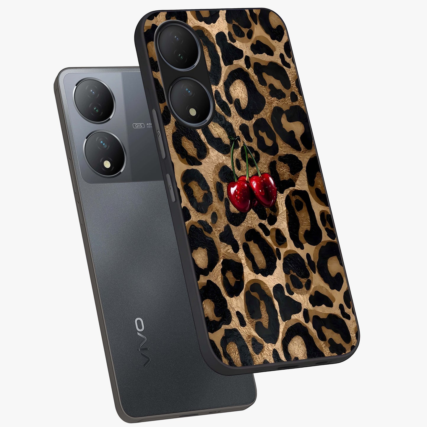 Leopard Wild Cherry Glass Case displayed in angled mockup highlighting bold animal print design with playful cherry aesthetic.