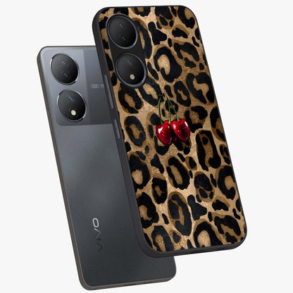 Leopard Wild Cherry Glass Case displayed in angled mockup highlighting bold animal print design with playful cherry aesthetic.