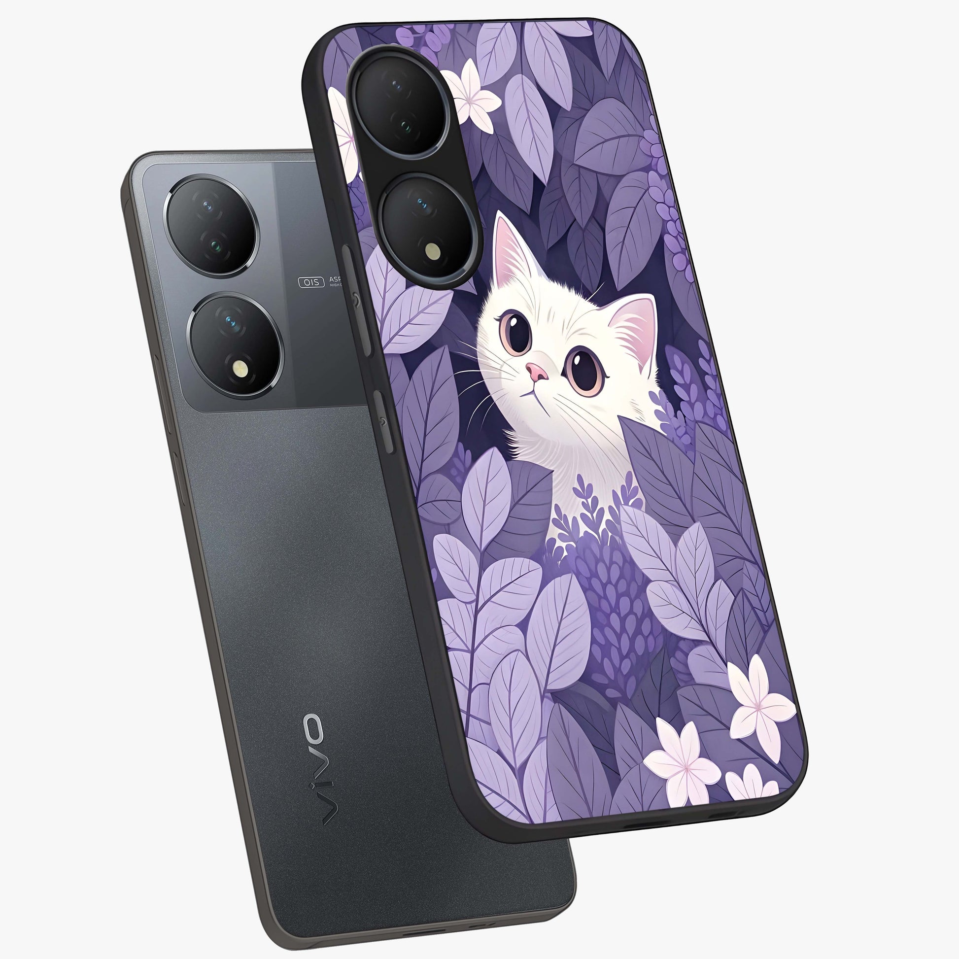 Lilac Hide Peek Cat Glass Case displayed in angled mockup highlighting playful feline illustration with lilac aesthetic design.