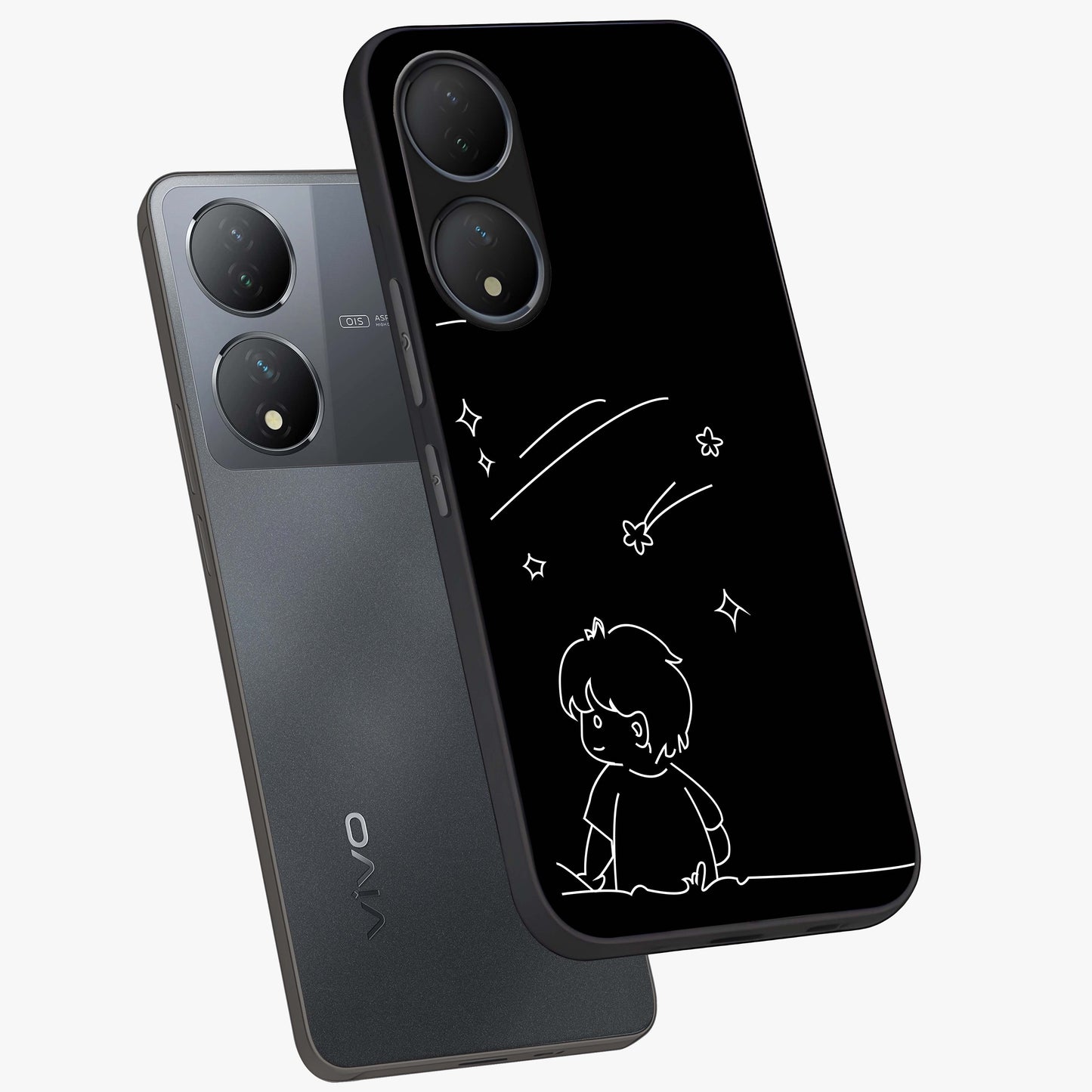 Line Art Boy With Shooting Stars Glass Case displayed in angled mockup highlighting elegant line art design with dreamy star aesthetic.