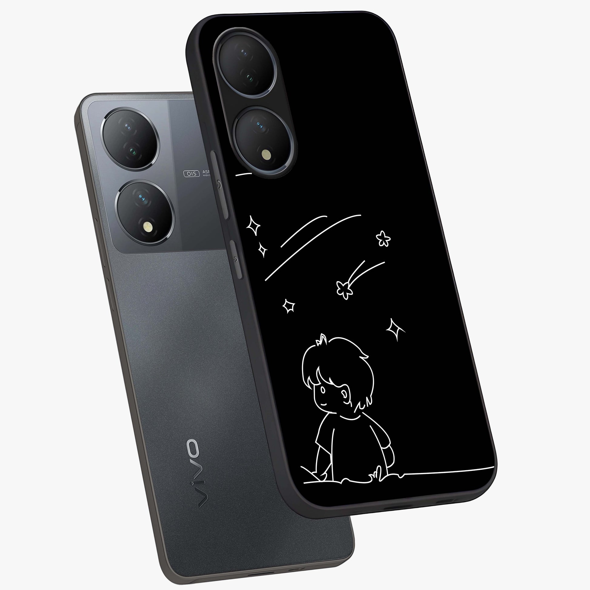 Line Art Boy With Shooting Stars Glass Case displayed in angled mockup highlighting elegant line art design with dreamy star aesthetic.