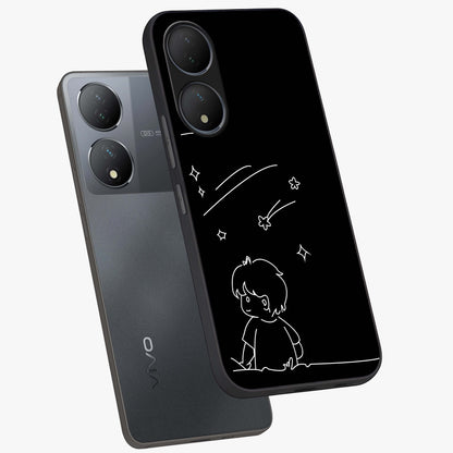 Line Art Boy With Shooting Stars Glass Case displayed in angled mockup highlighting elegant line art design with dreamy star aesthetic.