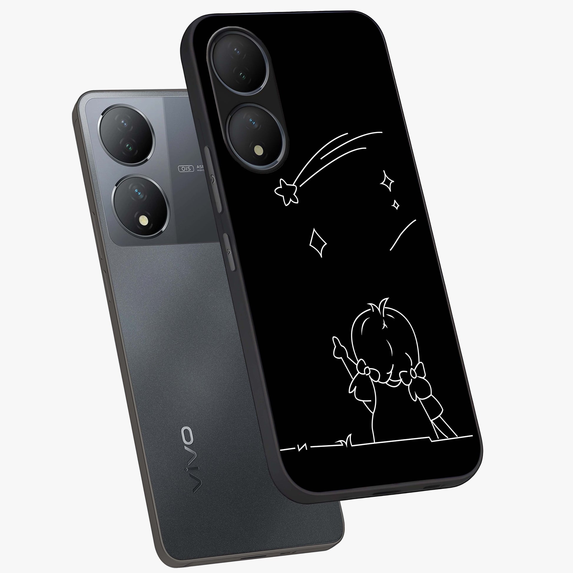 Line Art Girl With Shooting Stars Glass Case displayed in angled mockup highlighting elegant line art design with dreamy star aesthetic.
