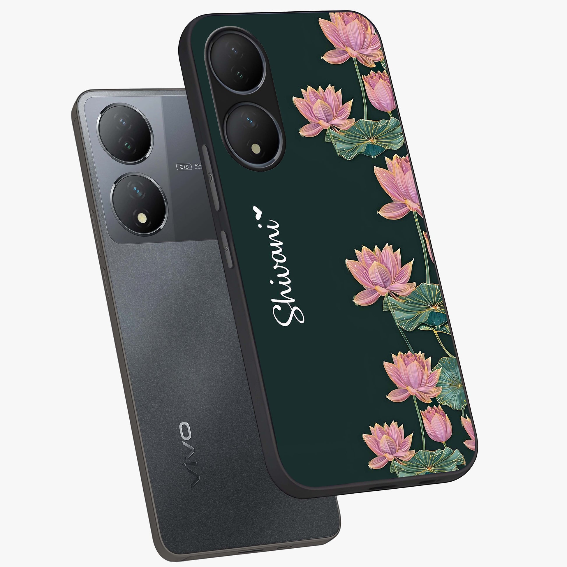 Lotus Bloom Serenity Custom Name Glass Case displayed in angled mockup highlighting graceful lotus illustration with custom name feature.