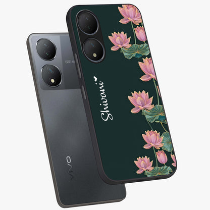 Lotus Bloom Serenity Custom Name Glass Case displayed in angled mockup highlighting graceful lotus illustration with custom name feature.