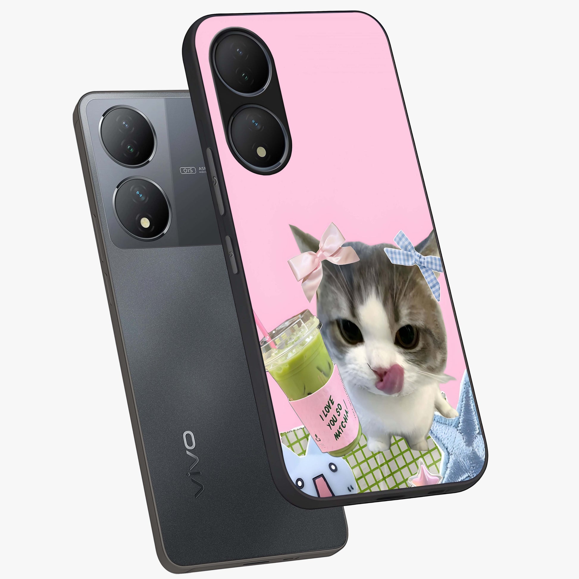 Love Matcha Cat Glass Case displayed in angled mockup highlighting playful feline illustration with cozy matcha aesthetic.