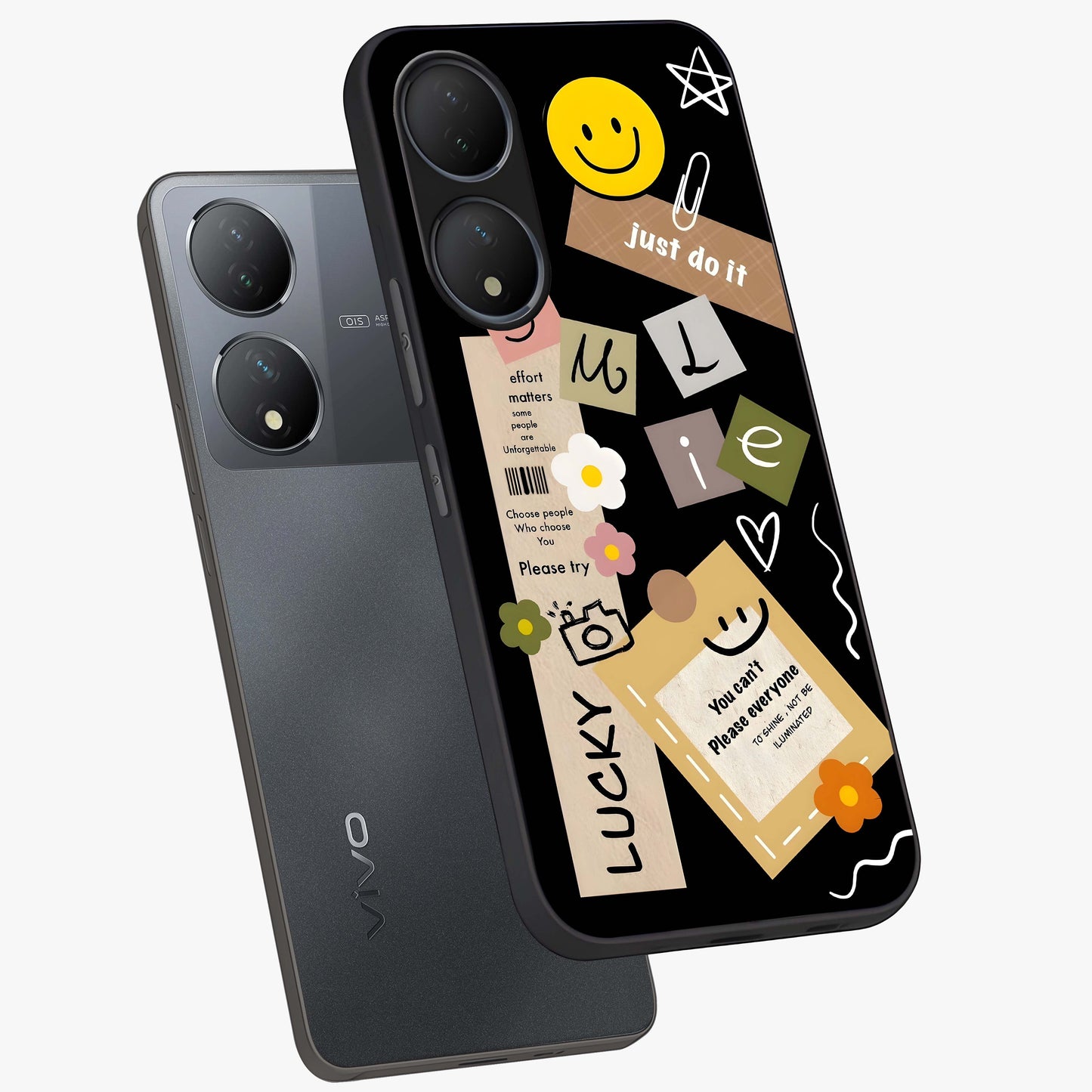 Lucky Aesthetic Collage Glass Case displayed in angled mockup highlighting stylish collage pattern with modern aesthetic vibe.