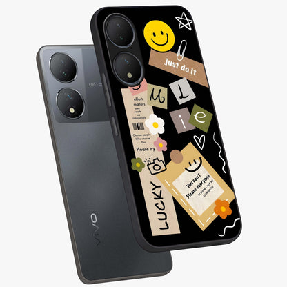 Lucky Aesthetic Collage Glass Case displayed in angled mockup highlighting stylish collage pattern with modern aesthetic vibe.