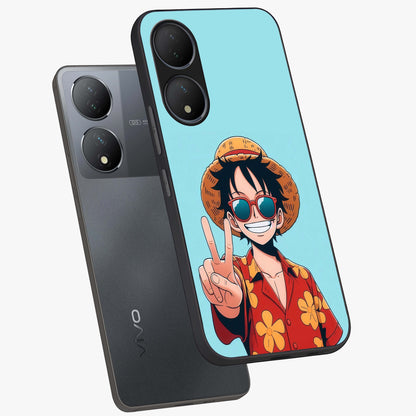 Luffy Summer Anime Vibe Glass Case displayed in angled mockup highlighting energetic anime illustration with summer vibe aesthetic.
