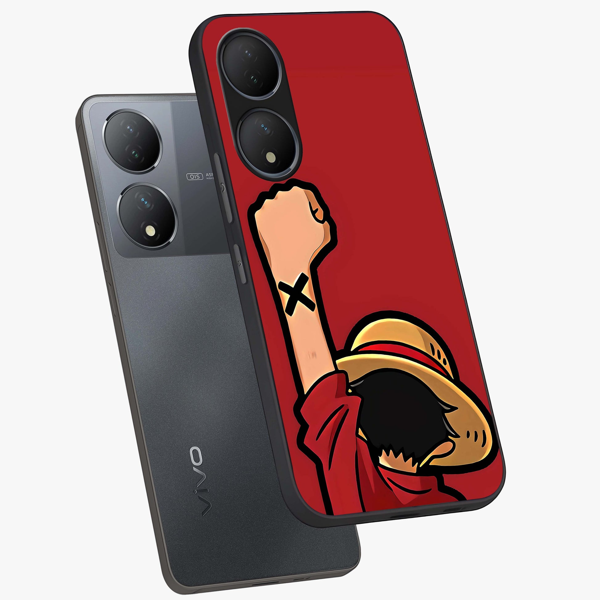 Luffy X Spirit Glass Case displayed in angled mockup highlighting powerful anime design with energetic action aesthetic.