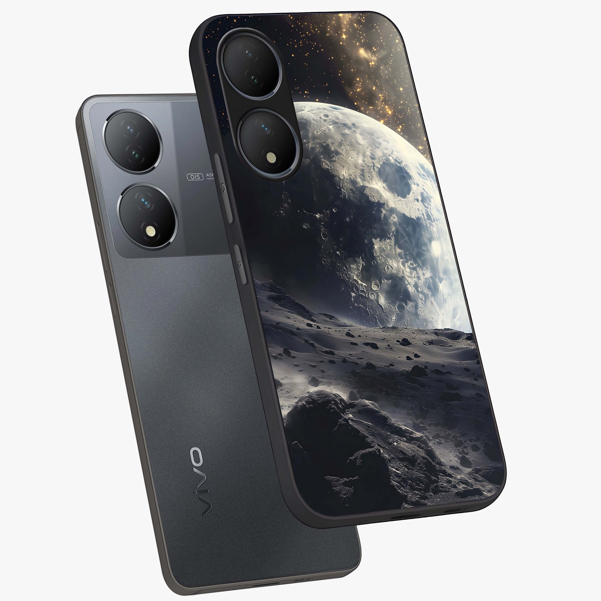 Lunar Horizon Glow Glass Case displayed in angled mockup highlighting celestial moon design with dreamy night aesthetic.