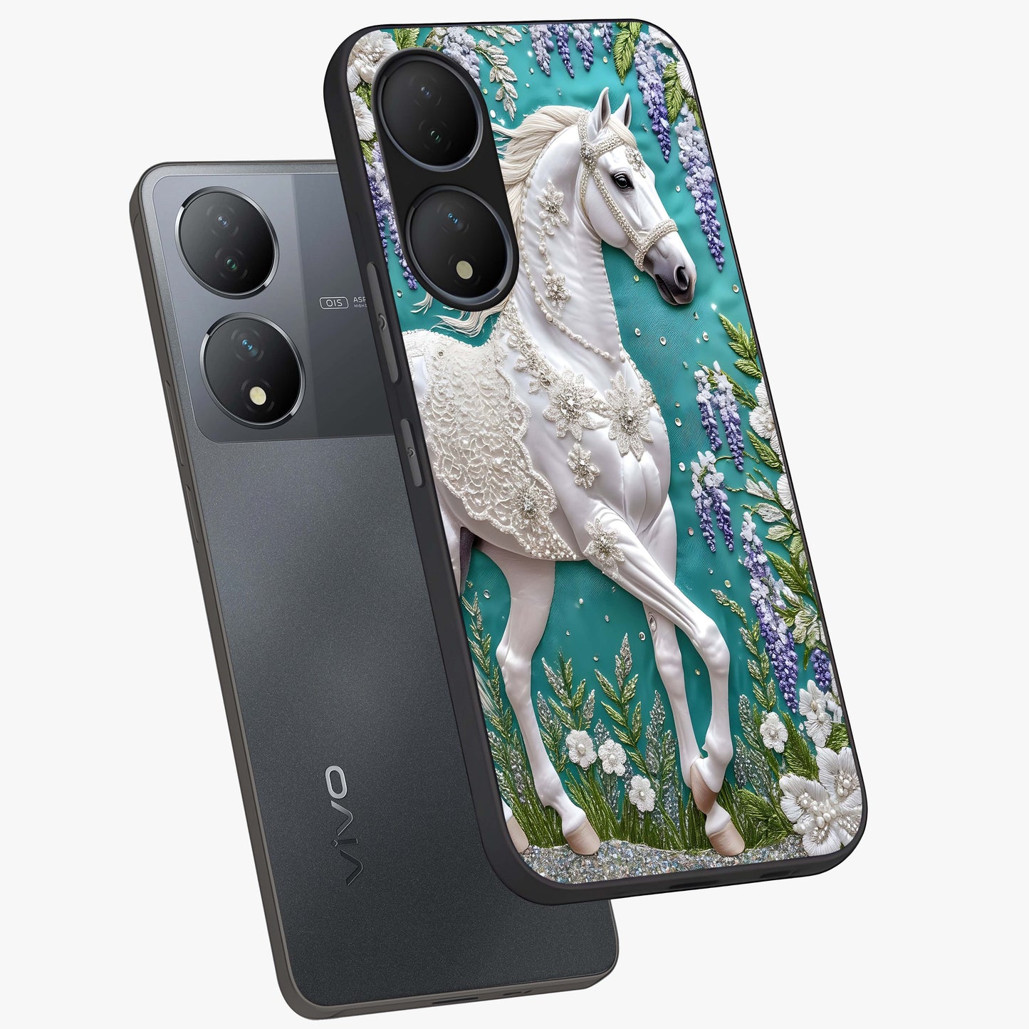 Majestic Floral Stallion Glass Case displayed in angled mockup highlighting majestic stallion illustration with elegant floral aesthetic.