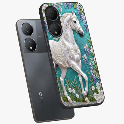 Majestic Floral Stallion Glass Case displayed in angled mockup highlighting majestic stallion illustration with elegant floral aesthetic.