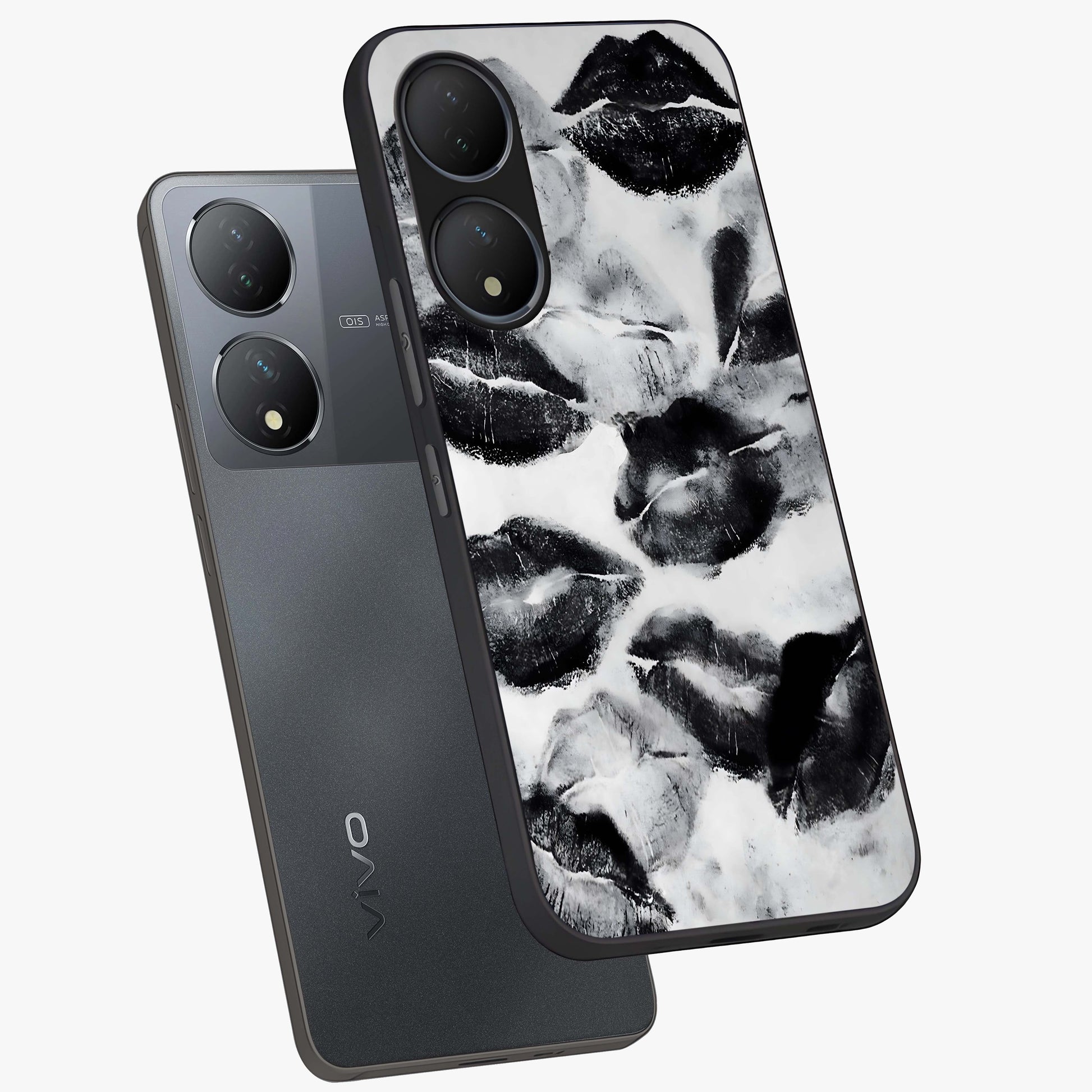 Midnight Kiss Marks Glass Case displayed in angled mockup highlighting playful romantic design with bold midnight aesthetic.