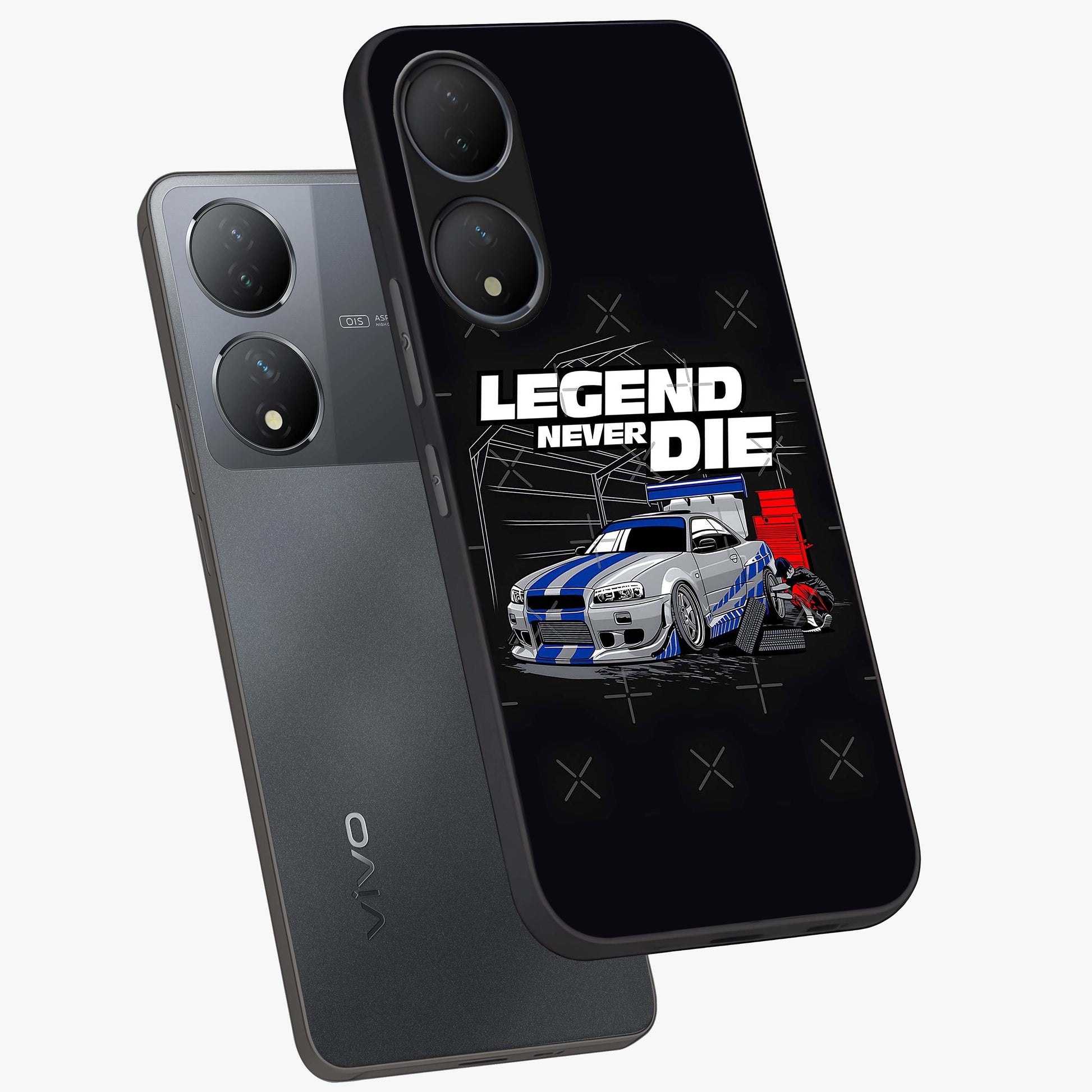 Midnight Racing Legacy Glass Case displayed in angled mockup highlighting dynamic automotive design with bold midnight aesthetic.