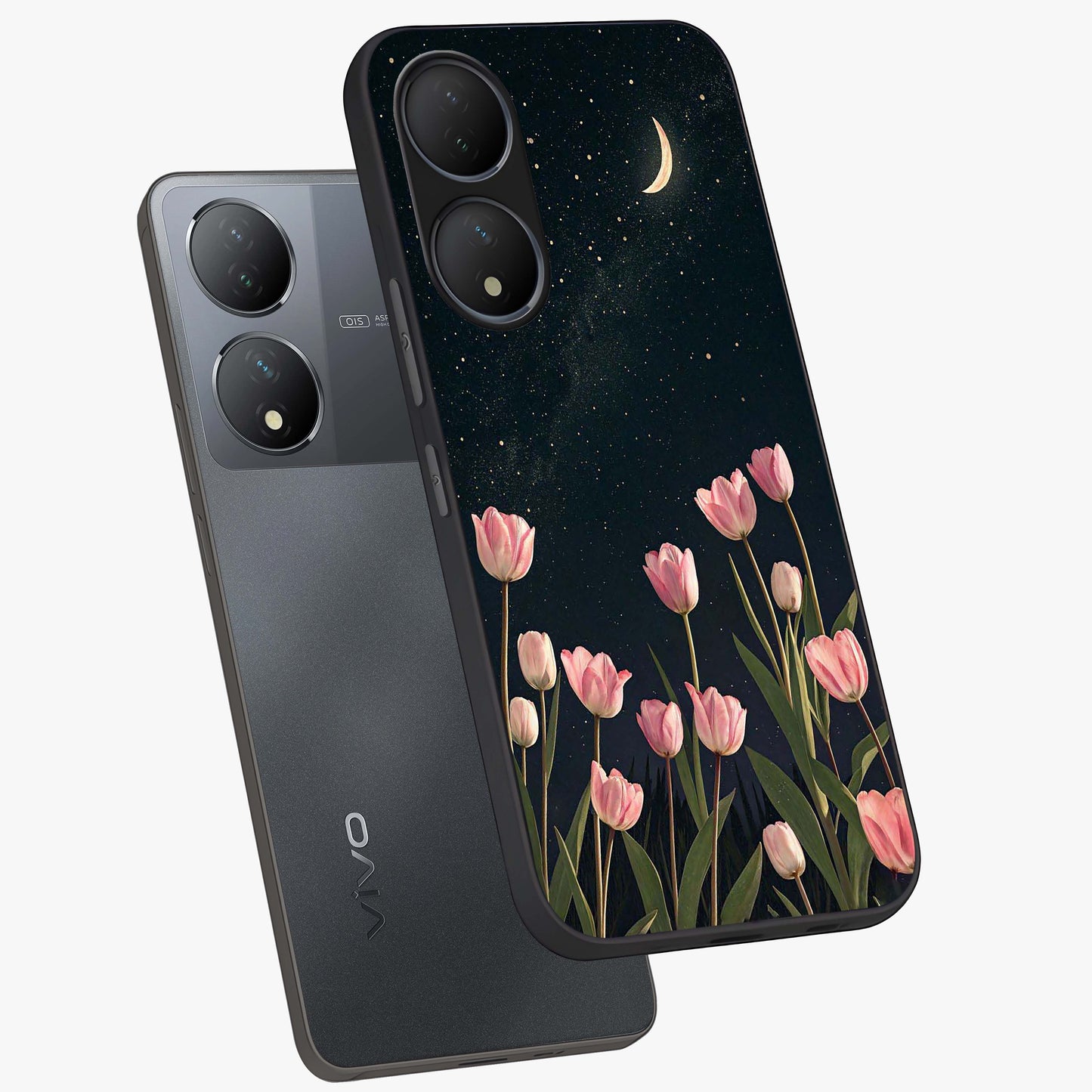 Midnight Tulip Whispers Vibe Glass Case displayed in angled mockup highlighting delicate tulip design with midnight floral aesthetic.