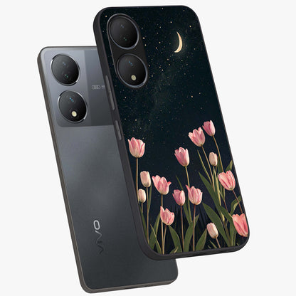 Midnight Tulip Whispers Vibe Glass Case displayed in angled mockup highlighting delicate tulip design with midnight floral aesthetic.