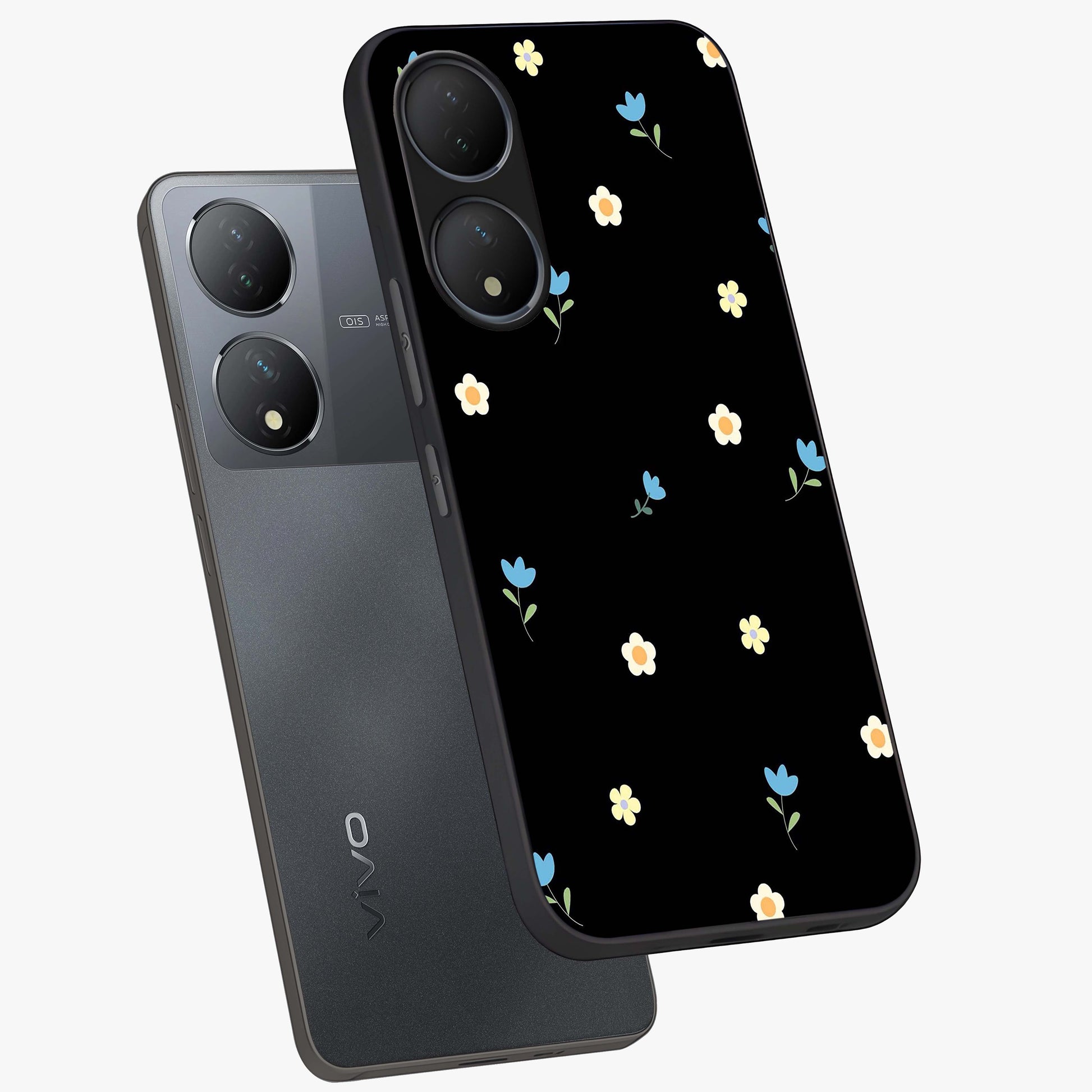 Minimal Petal Whispers Glass Case displayed in angled mockup highlighting delicate petal design with clean minimal aesthetic.