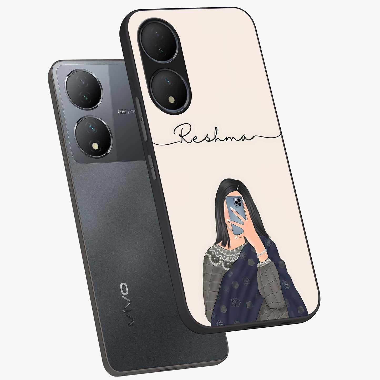 Mirror Mood Muse With Custom Name Glass Case displayed in angled mockup highlighting aesthetic mirror inspired design with custom name feature.