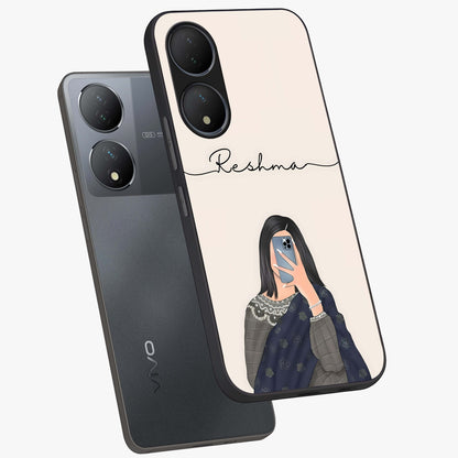 Mirror Mood Muse With Custom Name Glass Case displayed in angled mockup highlighting aesthetic mirror inspired design with custom name feature.