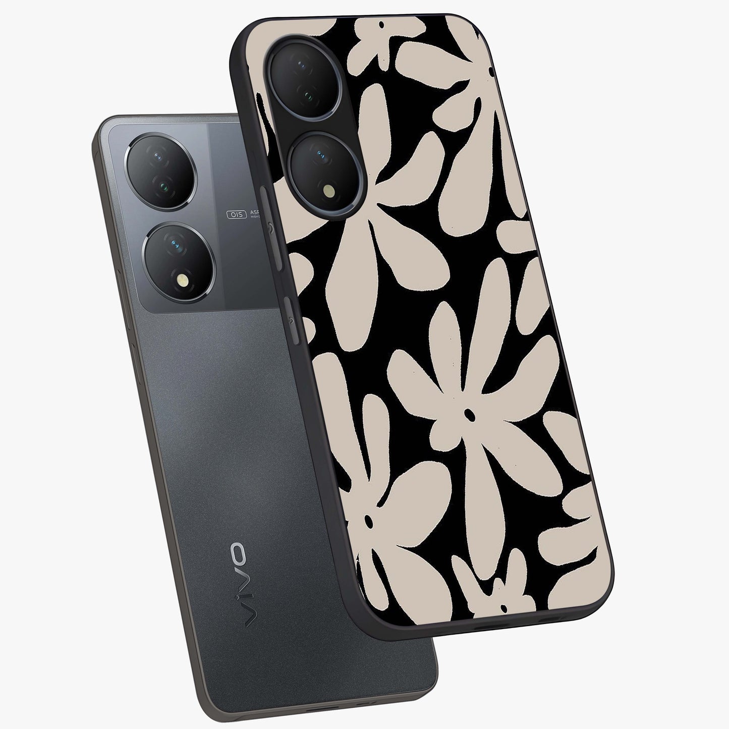 Monochrome Petal Dance Glass Case displayed in angled mockup highlighting elegant petal design with black and white aesthetic.