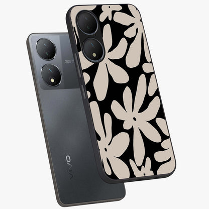Monochrome Petal Dance Glass Case displayed in angled mockup highlighting elegant petal design with black and white aesthetic.
