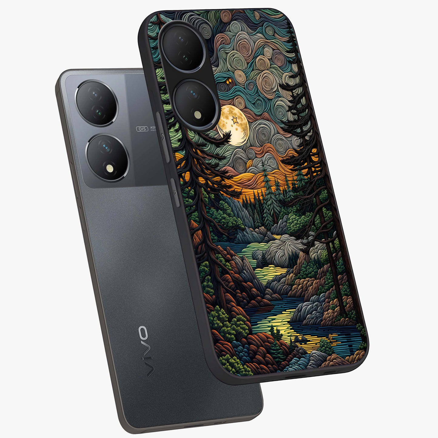 Moonlight Forest Dream Glass Case displayed in angled mockup highlighting dreamy forest design with glowing moon aesthetic.