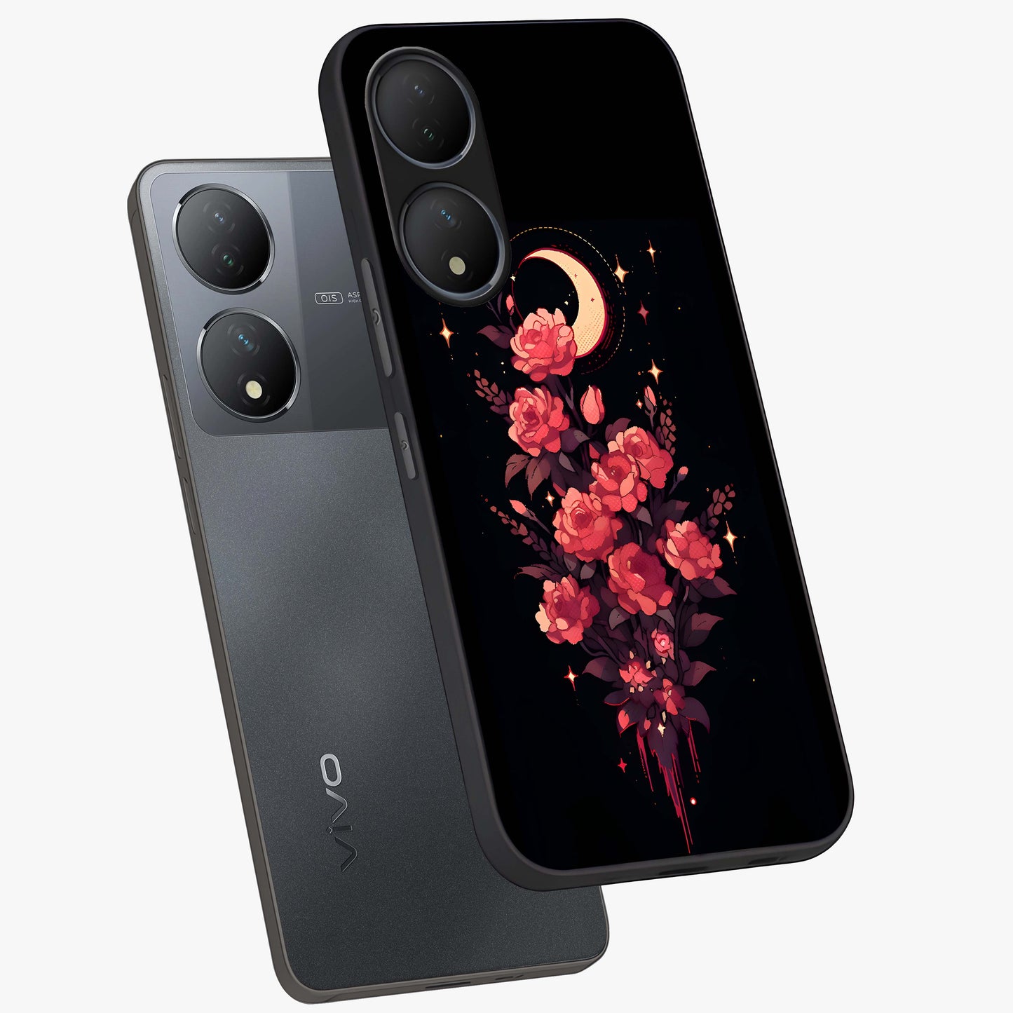 Moonlit Floral Elegance Glass Case displayed in angled mockup highlighting graceful flower design with soft moonlight aesthetic.