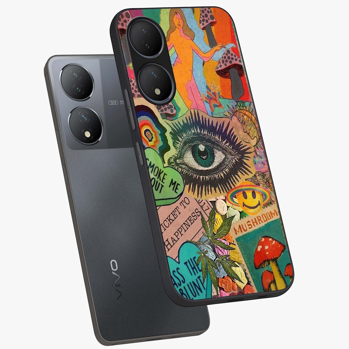 Mystic Eye Wonderland Glass Case displayed in angled mockup highlighting magical eye illustration with dreamy aesthetic.