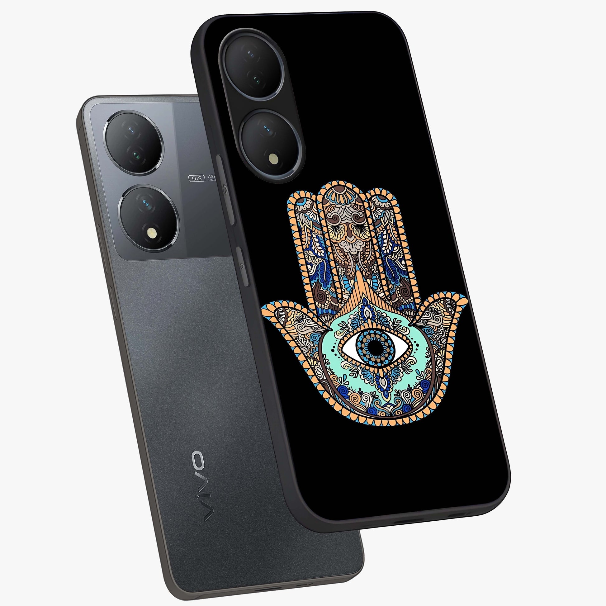 Mystic Hamsa Eye Glass Case displayed in angled mockup highlighting spiritual hamsa symbol with mystical aesthetic style.