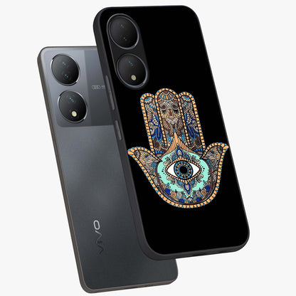 Mystic Hamsa Eye Glass Case displayed in angled mockup highlighting spiritual hamsa symbol with mystical aesthetic style.