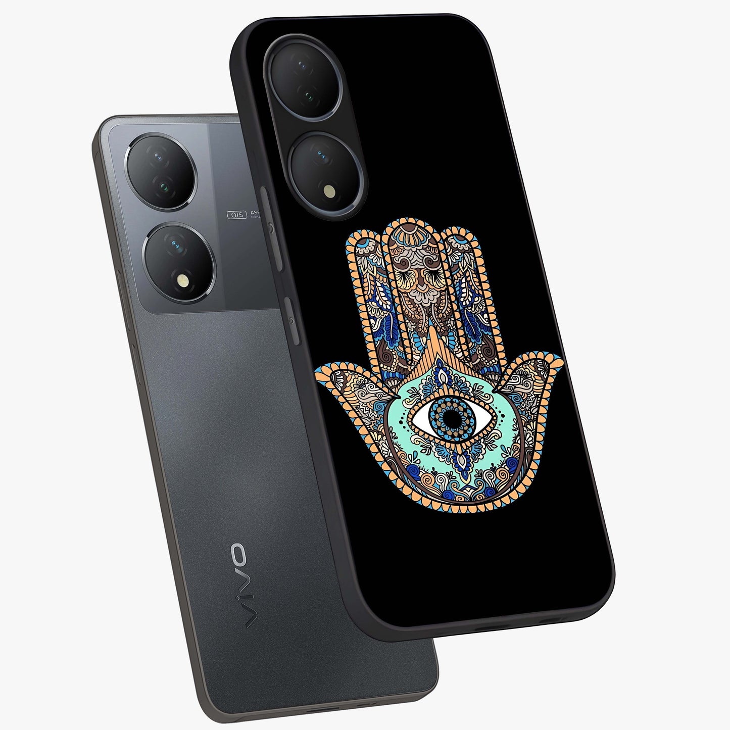 Mystic Hamsa Eye Glass Case displayed in angled mockup highlighting spiritual hamsa symbol with mystical aesthetic style.