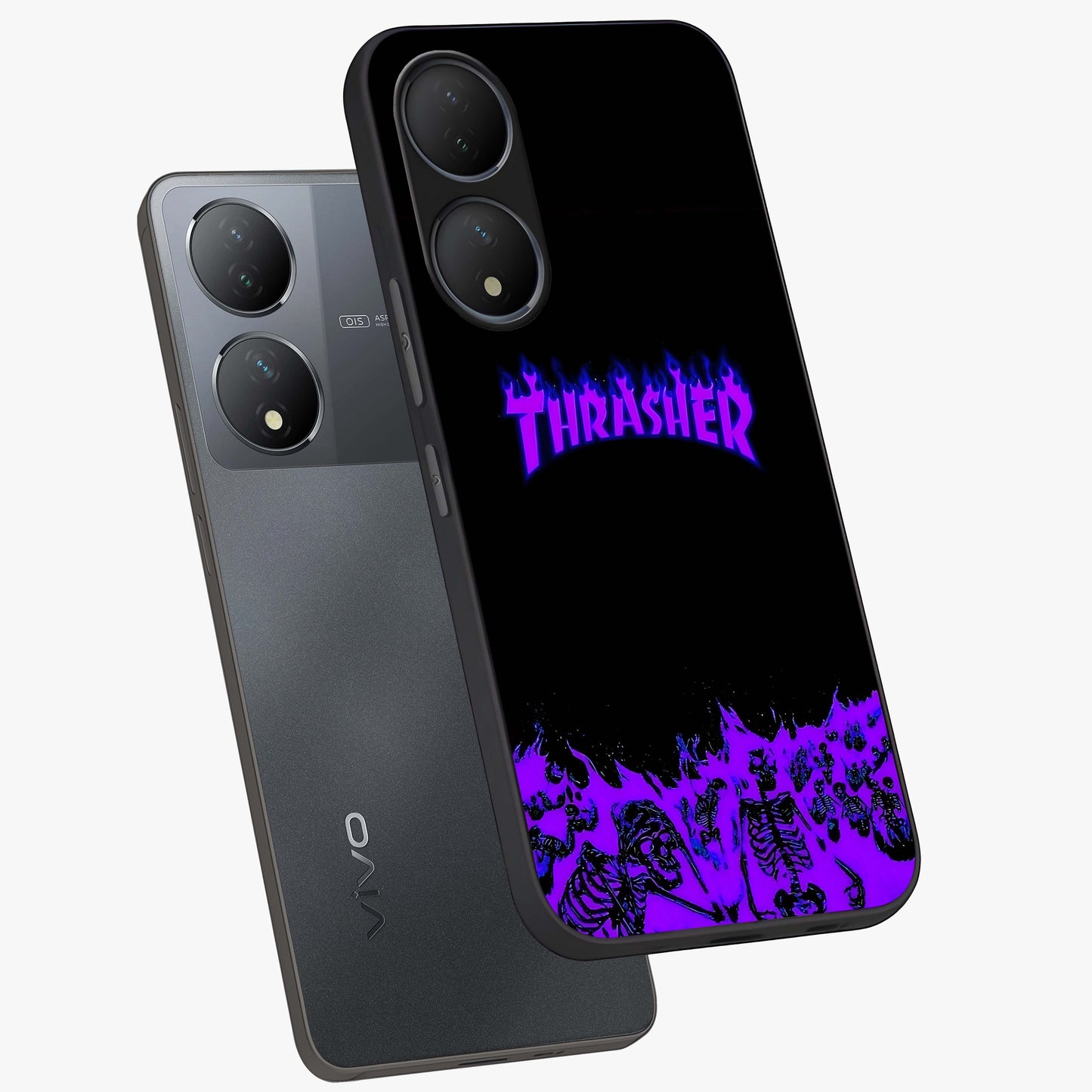 Neon Flame Riot Glass Case displayed in angled mockup highlighting glowing flame design with vibrant neon aesthetic.