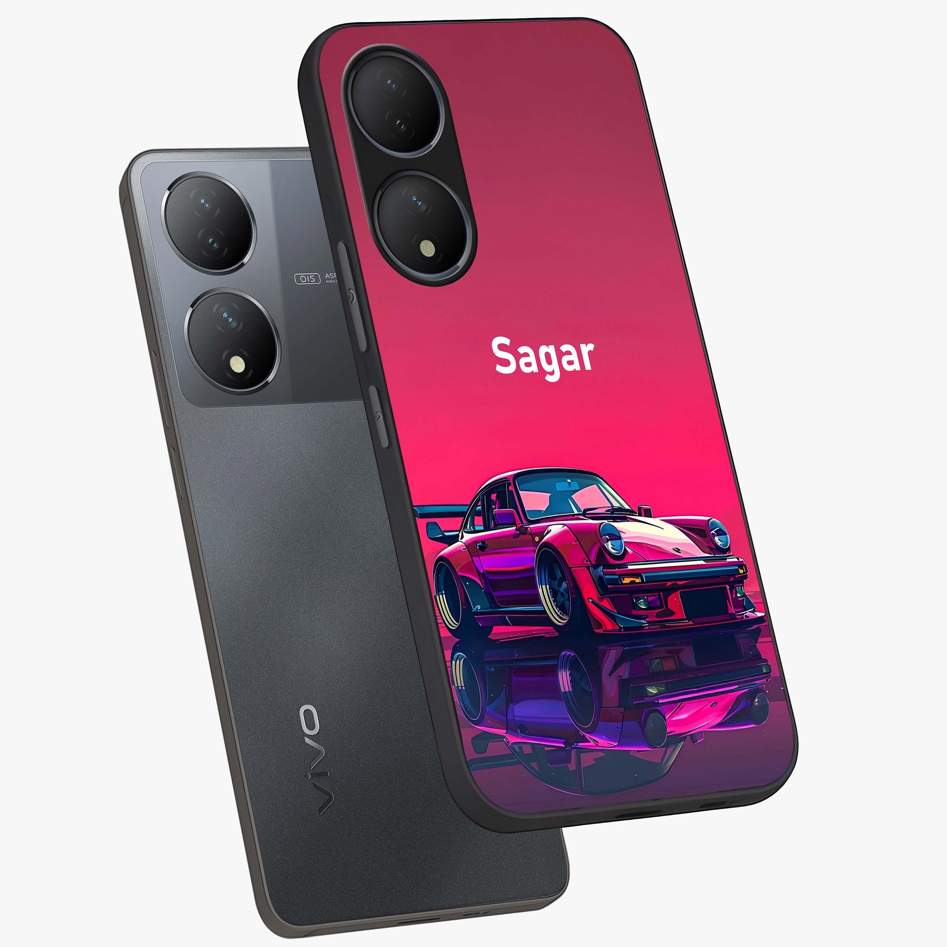 Neon Pink Porsche Glass Case displayed in angled mockup highlighting sleek neon pink car design with racing aesthetic.