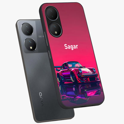 Neon Pink Porsche Glass Case displayed in angled mockup highlighting sleek neon pink car design with racing aesthetic.