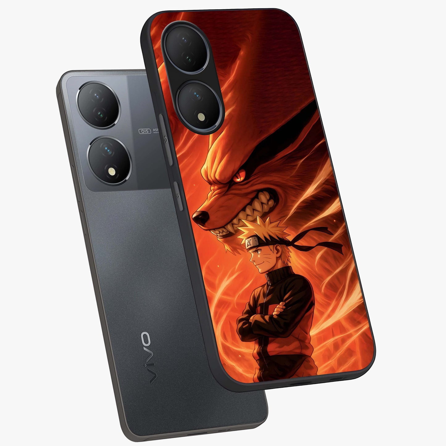 Nine Tails Legacy Glass Case displayed in angled mockup highlighting dynamic anime beast illustration with bold mystical aesthetic.